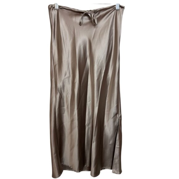 Dress Forum Taupe Satin Slip Midi Skirt with Slit and Drawstring Waist - Picture 1 of 8